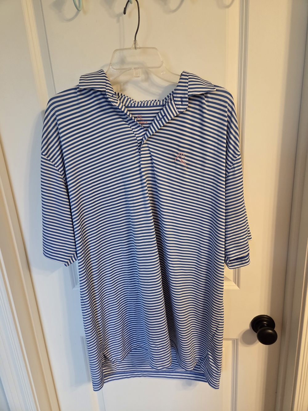 Men's Blue and White Striped Polo Shirt